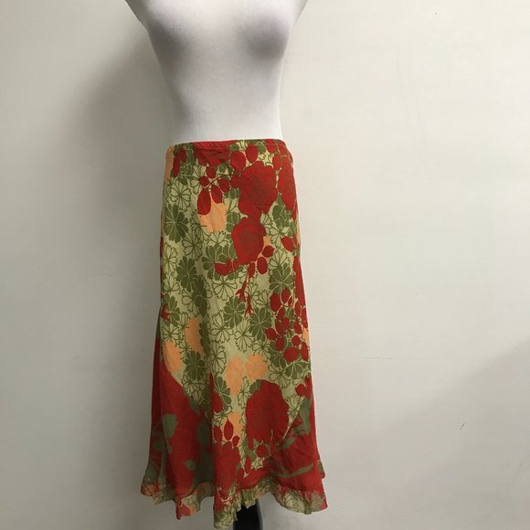 Harari Dresses & Skirts - Harari red peach green floral silk midi skirt XL USA